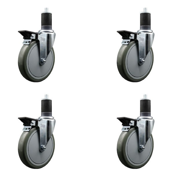 6'' Gray Poly Swivel 1-5/8'' Expanding Stem Caster Set with Brake, 4PK